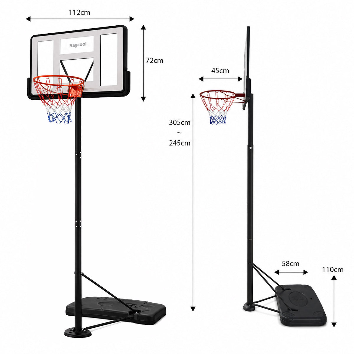 Canasta de baloncesto Raycool STREET 540 Rango Ajustable 2,45m  3,05m