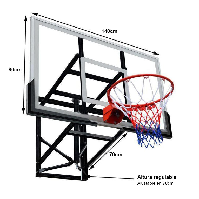 Tablero de baloncesto de pared SMASH 780 Raycool Ajustable 2,30m 3,05m 140x80cm Aro basculante 45cm