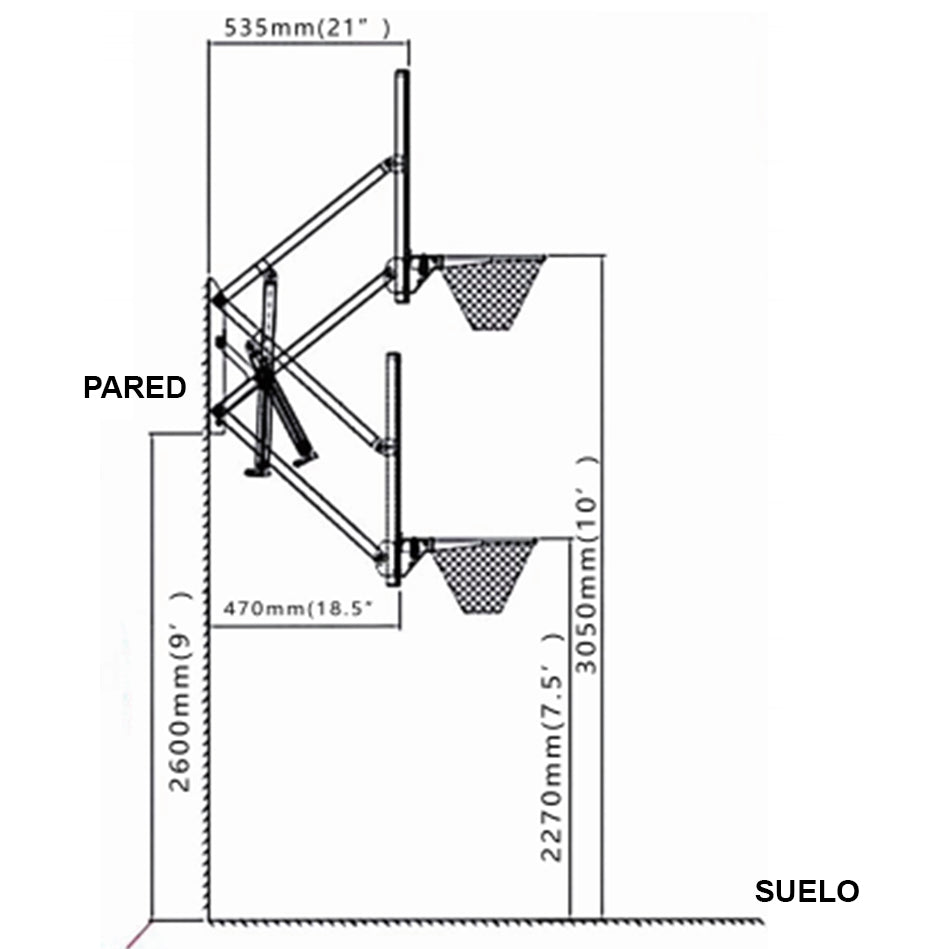 Tablero de baloncesto de pared SMASH 780 Raycool Ajustable 2,30m 3,05m 140x80cm Aro basculante 45cm