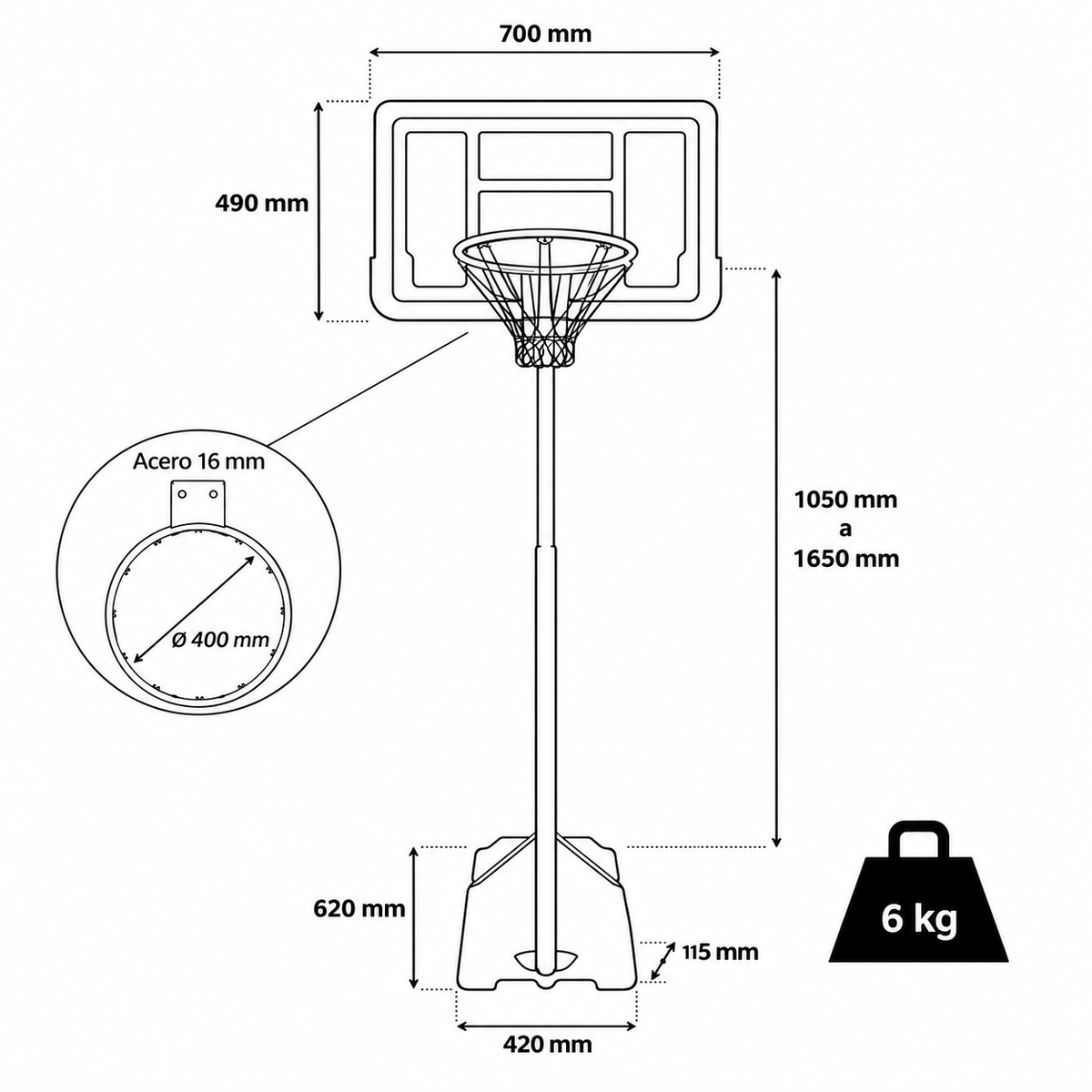 Canasta de minibasket Raycool AIR 360 Rango Ajustable 1,05m  1,65m